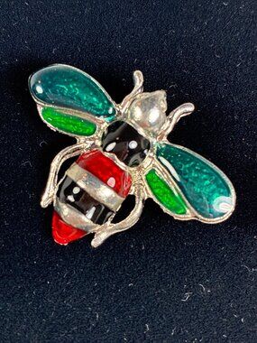 Colorful Enamel Bee Brooch Pin Red Green Teal Silvertone Insect Jewelry